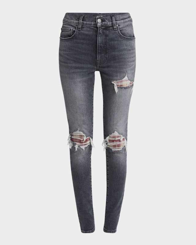MA Quad Flannel-Inset Distressed Skinny-Leg Jeans